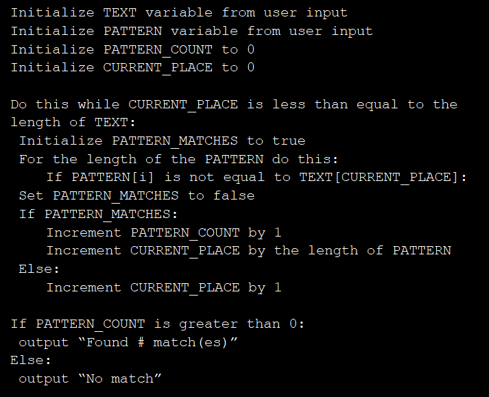 pseudocode going through the logic of the algorithm